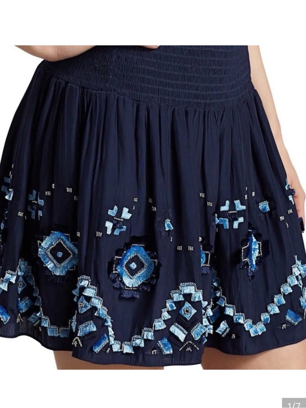 Ramy Brook Smocked Waist Tiered Mini Skirt Beaded Embroidered